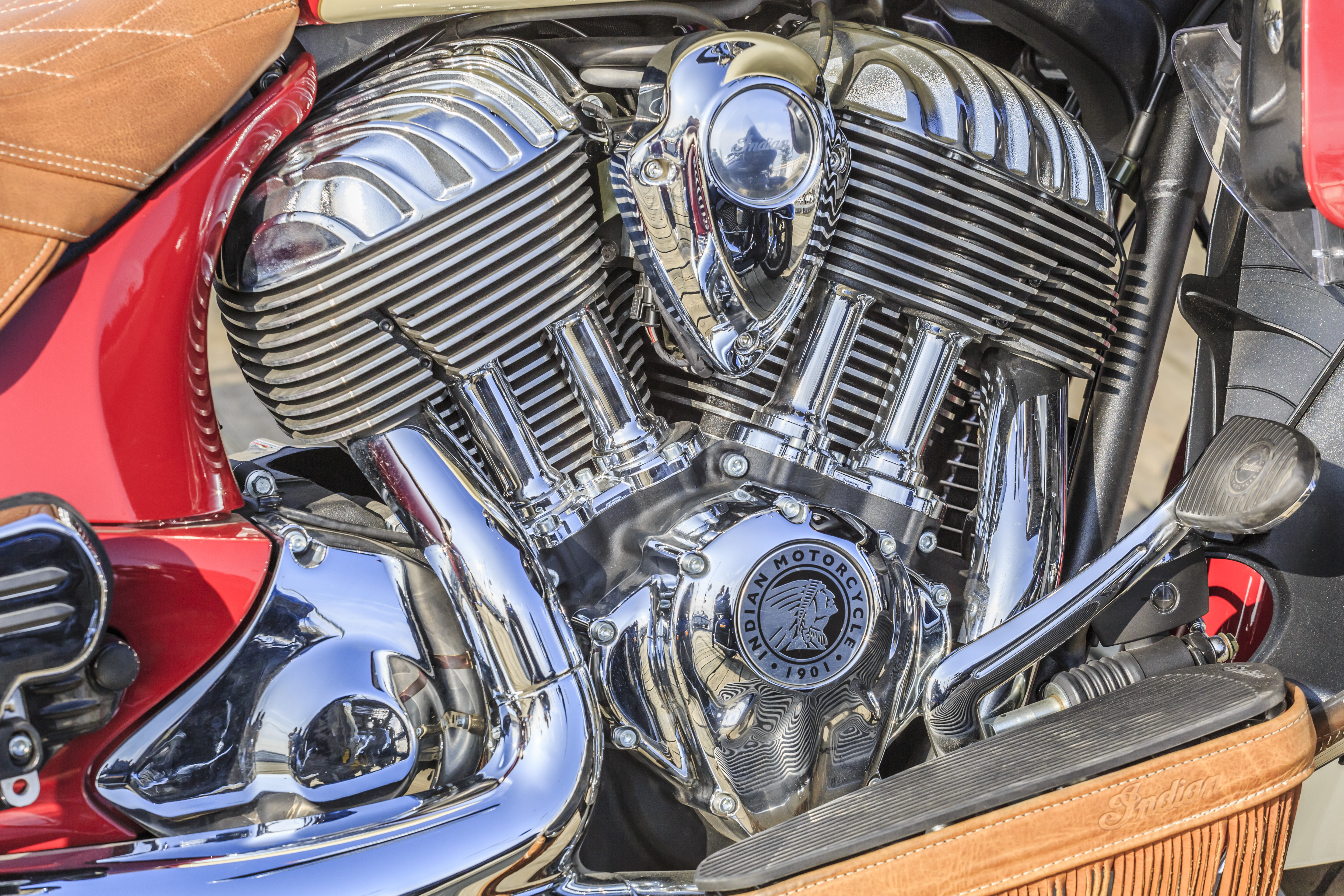 Close-up of an inline-4 motorcycle engine